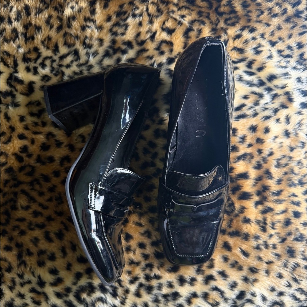 Y2K Unisa Black Patent Leather Square Toe Block Heel Loafer Shoes Women Size 9